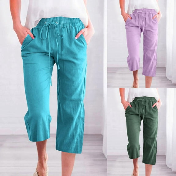 Women's Casual Elastic Waist Loose Fit Capri Pants with Pockets Trousers Bottoms Solid Color Stretchy Comfortable Lounge Wear Travel Essentials | Aestivo,Army Green L