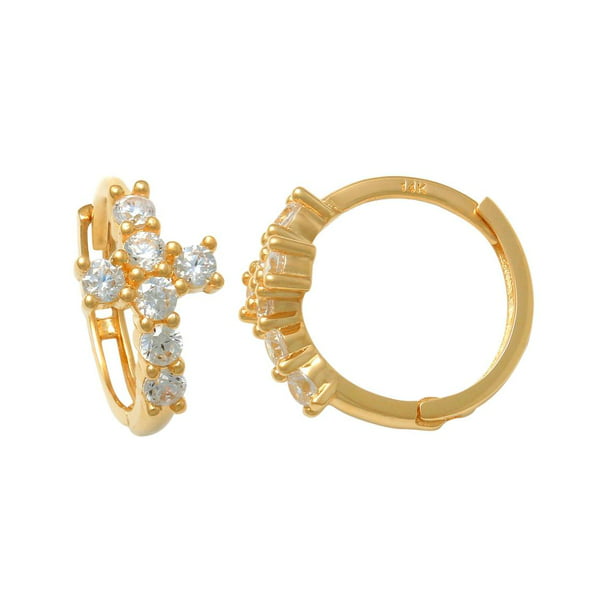 Anygolds Anygolds 14K Real Solid Gold Cross Huggie Hoop Earrings Dainty Minimalist Diamond CZ