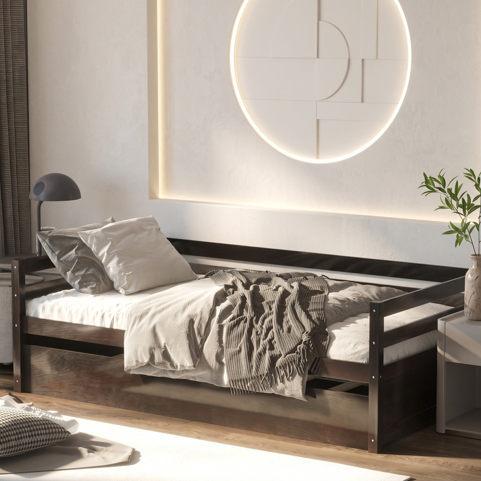 Furnibear Twin Daybed Frame with Pull Out Trundle and Wooden Slat Support and Side Rails for Bedroom and Guest Room, Dark Brown