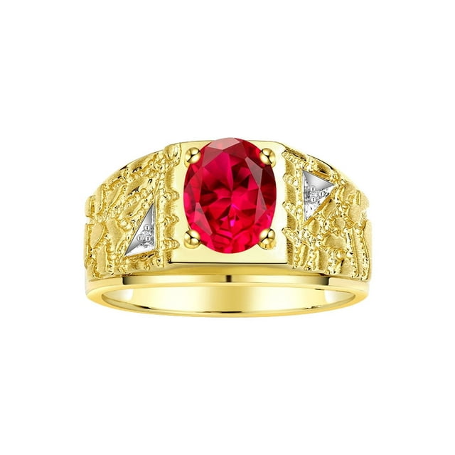 RYLOS Men's Rings 14K Yellow Gold Designer Nugget Ring Oval 9X7MM Gemstone & Diamonds Ruby July Birthstone Rings For Man Size 11