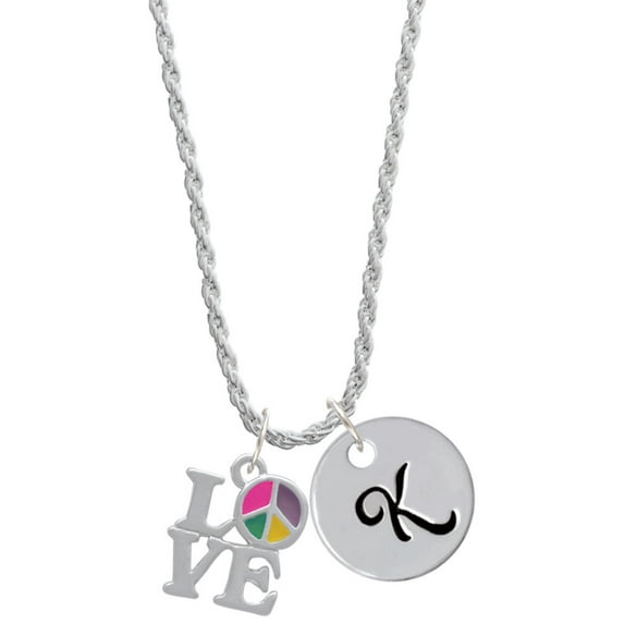 Delight Jewelry Silvertone Love with Multicolored Peace Sign Silvertone Script Initial Disc - K - Charm Necklace, 20"+3"