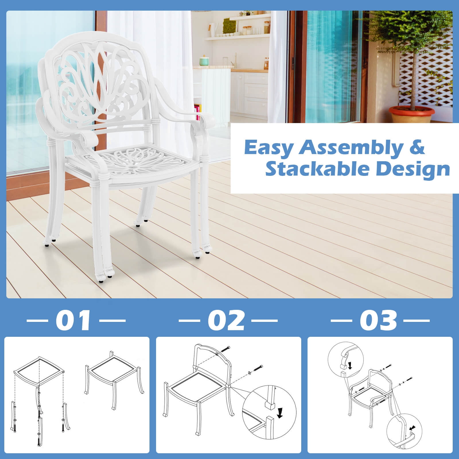 Gymax Set Of 4 Patio Cast Aluminum Dining Chairs Armrests Outdoor Stackable White
