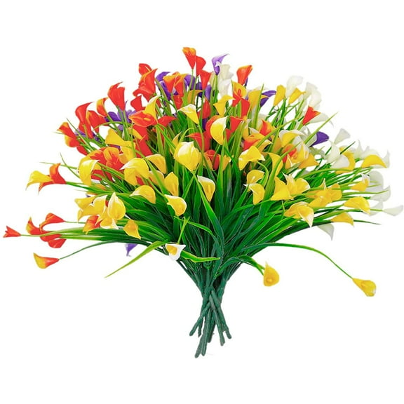 Morttic 12 Pcs Calla Lily Artificial Flowers for Outdoors & Indoors Decorations, UV Resistant Plastic Fake Flowers, 4 Kinds Mixed Color for Home Garden Wedding Table Decor