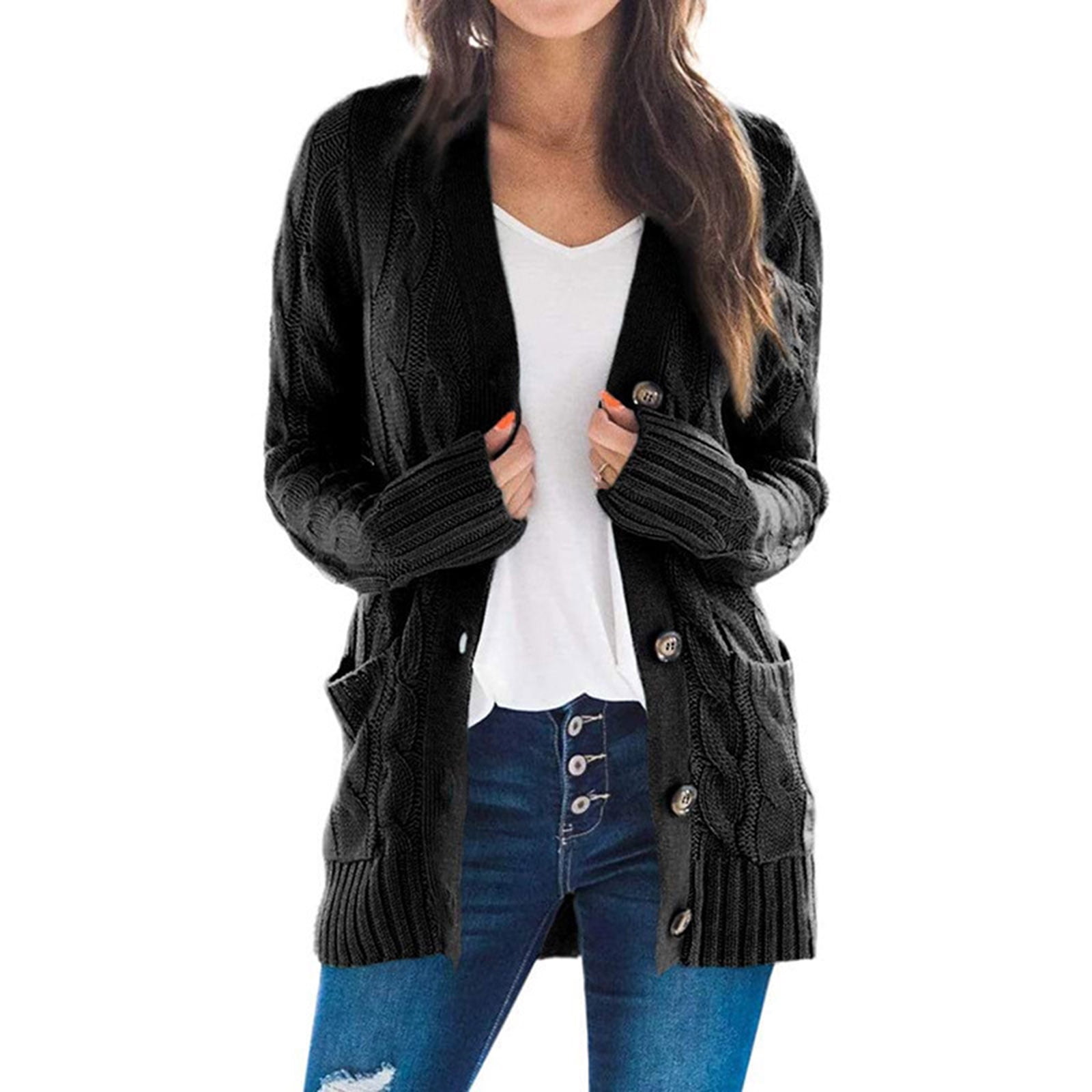 Womens Long Sleeves Chunky Cable Knit Cardigan Coat Button Casual Outwear Jacket