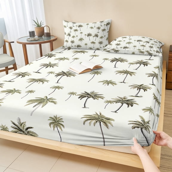 Queen Size Fitted Sheet Set - Palm Trees 3 Piece Bedding Sets 16" Deep Pocket Fitted Sheet with 2 Pillowcases, Green Botanical Summer Tropical Plants Brushed Microfiber Hotel Luxury Bed Sheets