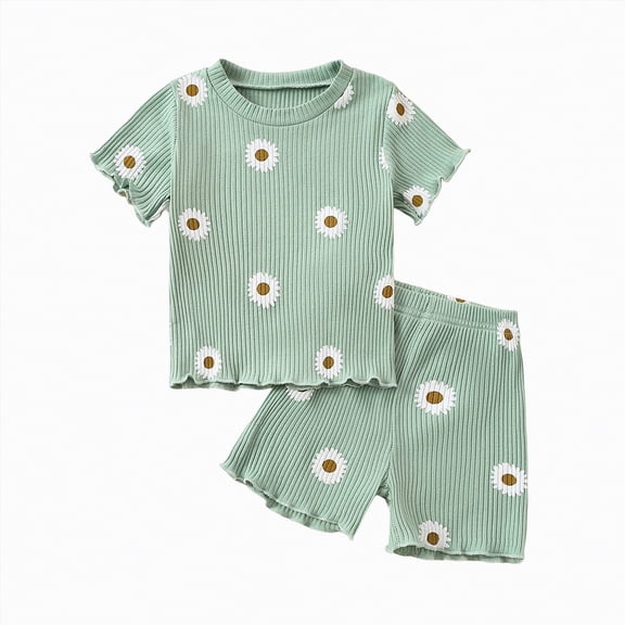 kpoplk Toddler Baby Girl Summer Clothes Ribbed Knit Cotton Ruffle Short Sleeve T-shirt Tops Shorts Playwear Outfits(Green,2-3 Y)