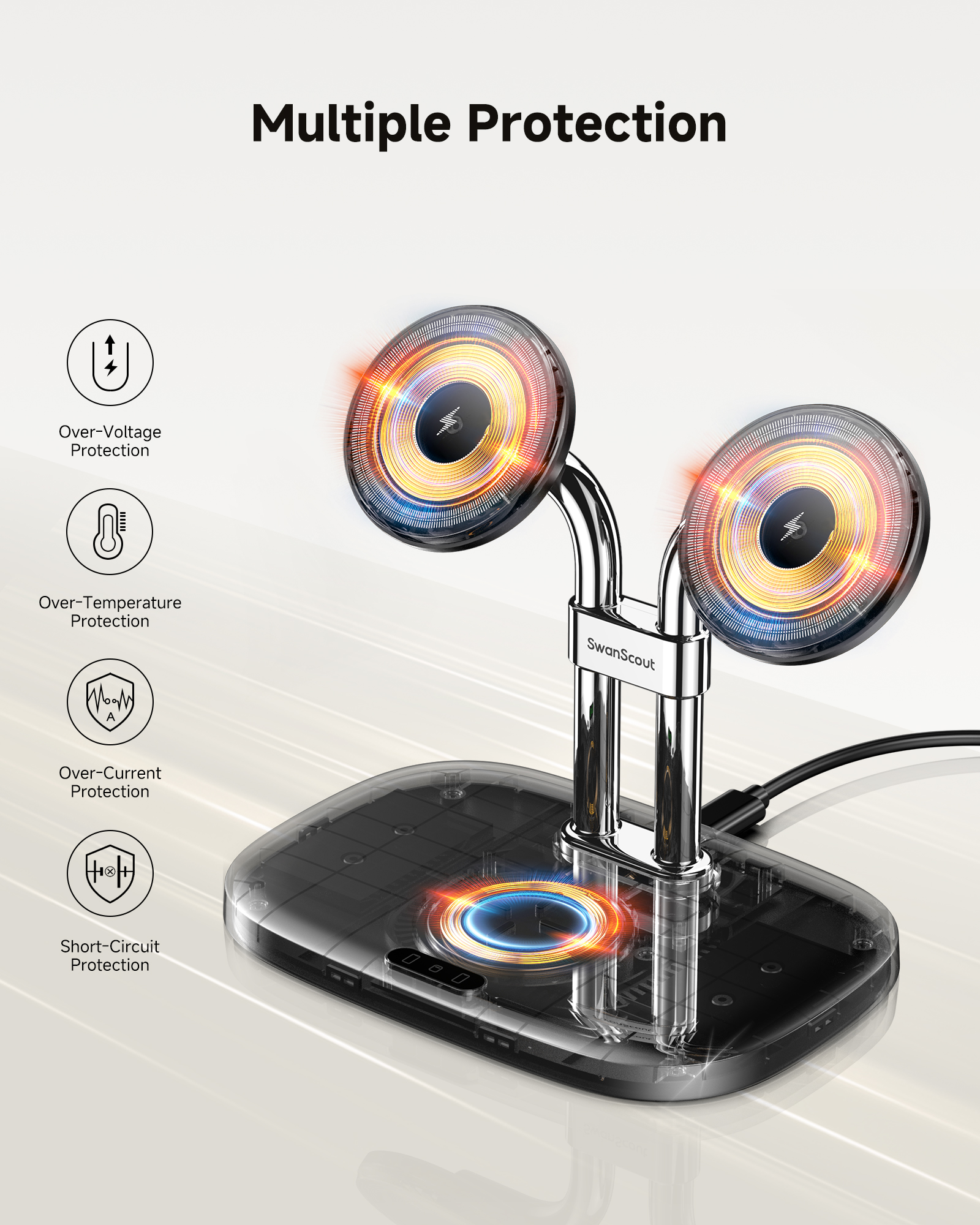 SwanScout Wireless Charger for iPhone 16 Series, Dual Magnetic Charger for iPhone 15/14/13/12 Series, Charging Station for Airpods 4/Airpods Pro 2/3, SwanScout 706M