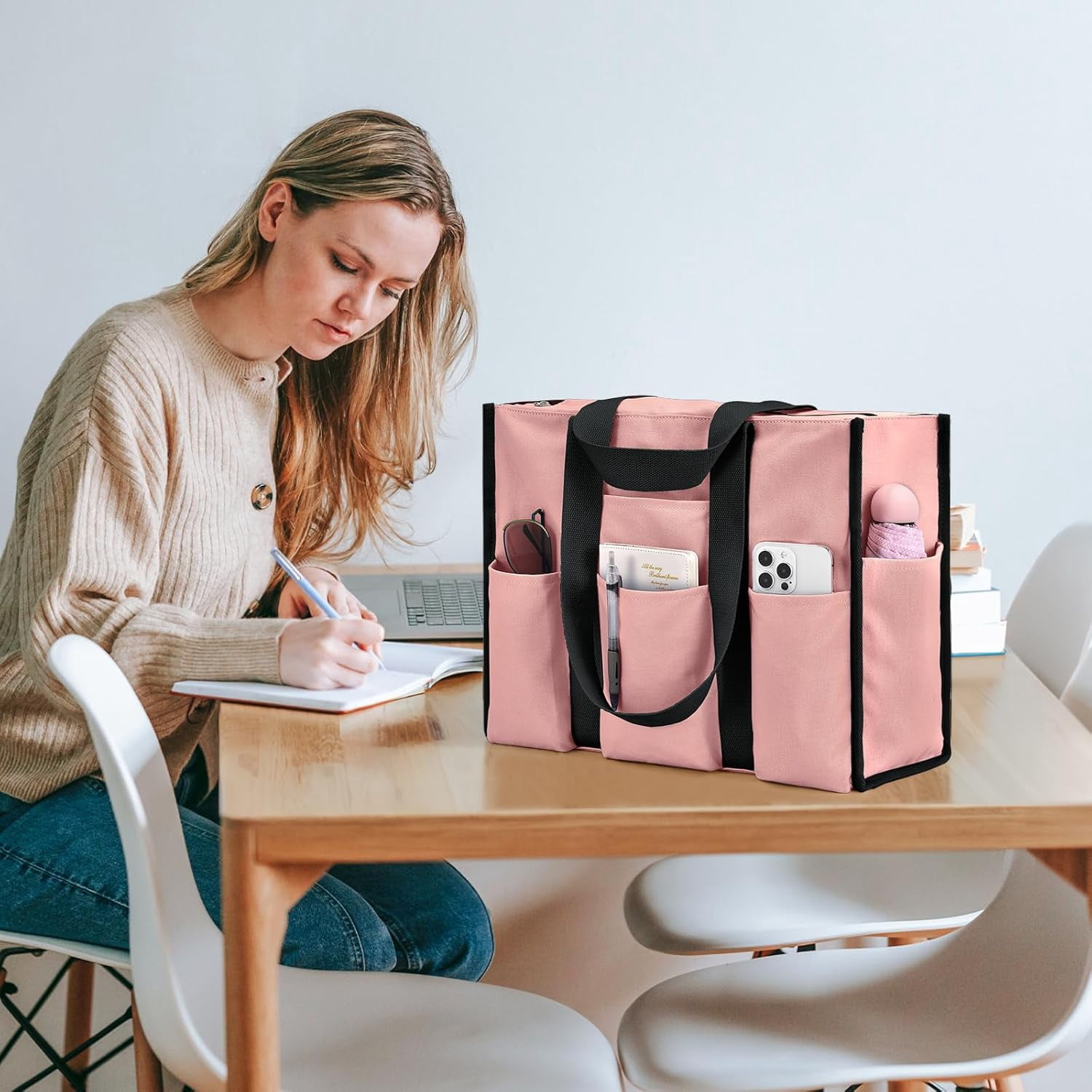 mirlewaiy Large Tote Bag for Women Waterproof with 12 Pockets Top Zipper Closure Utility Teacher Nurse Bags for Work School-Pink