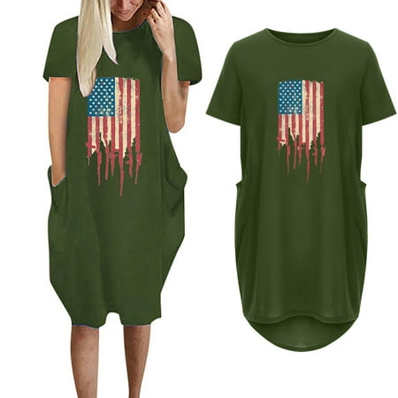 

Hvyesh 4th of July Dresses Women Plus Size Summer Midi Dress Party Pattern Round Neck Sundresses Vacation Short Sleeve Tunic Dresses 2023 Army Green
