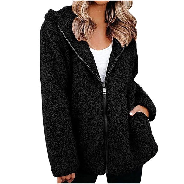 Chaqueta con capucha y cremallera de manga larga de felpa para mujer Abrigo informal / Chaqueta Color sólido con bolsillos Pompotops qwe15964