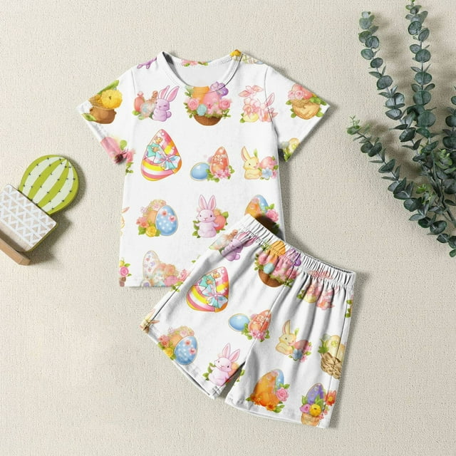 Ensemble de Pyjamas de Pâques pour Enfants Ensemble de Pyjamas d'Été pour Enfants avec Imprimé de Dessin Animé d'Œuf de Pâques, T-Shirt à Manches Courtes et Shorts Col Rond
