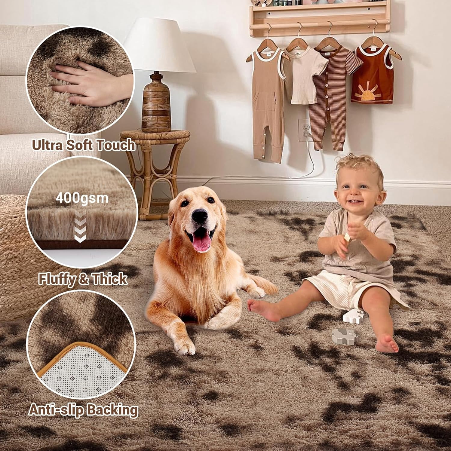 Memoryfield 6' x 9' Area Rug, Tie-Dye Plush Non-Skid Rug, for Bedroom Living Room Nursery, Brown