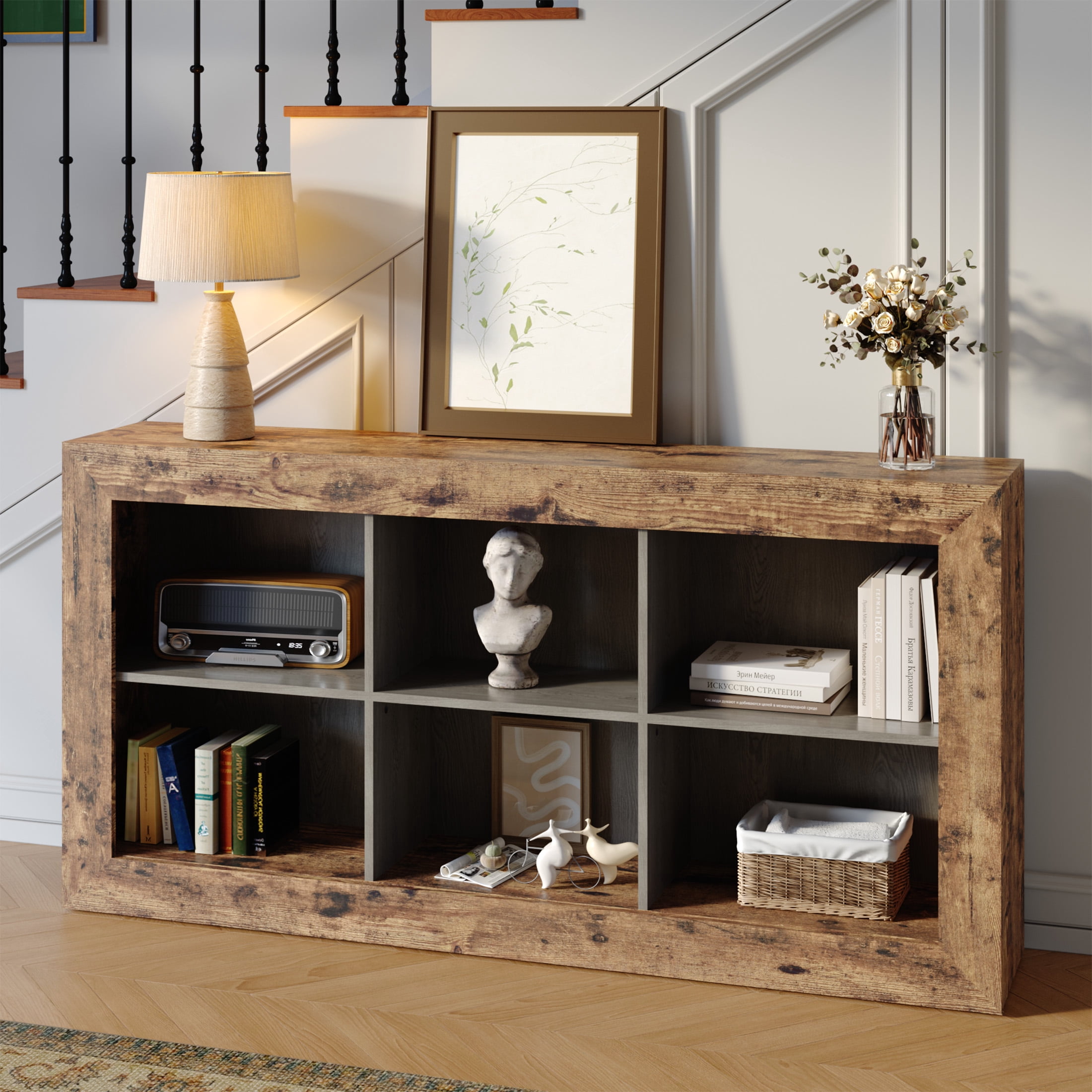 Gelloan 63-Inch Long Sofa Console Table, Rustic Wood Entryway Table with 6 Storage Cubes for Living Room, Hallway, Behind Couch,Brown
