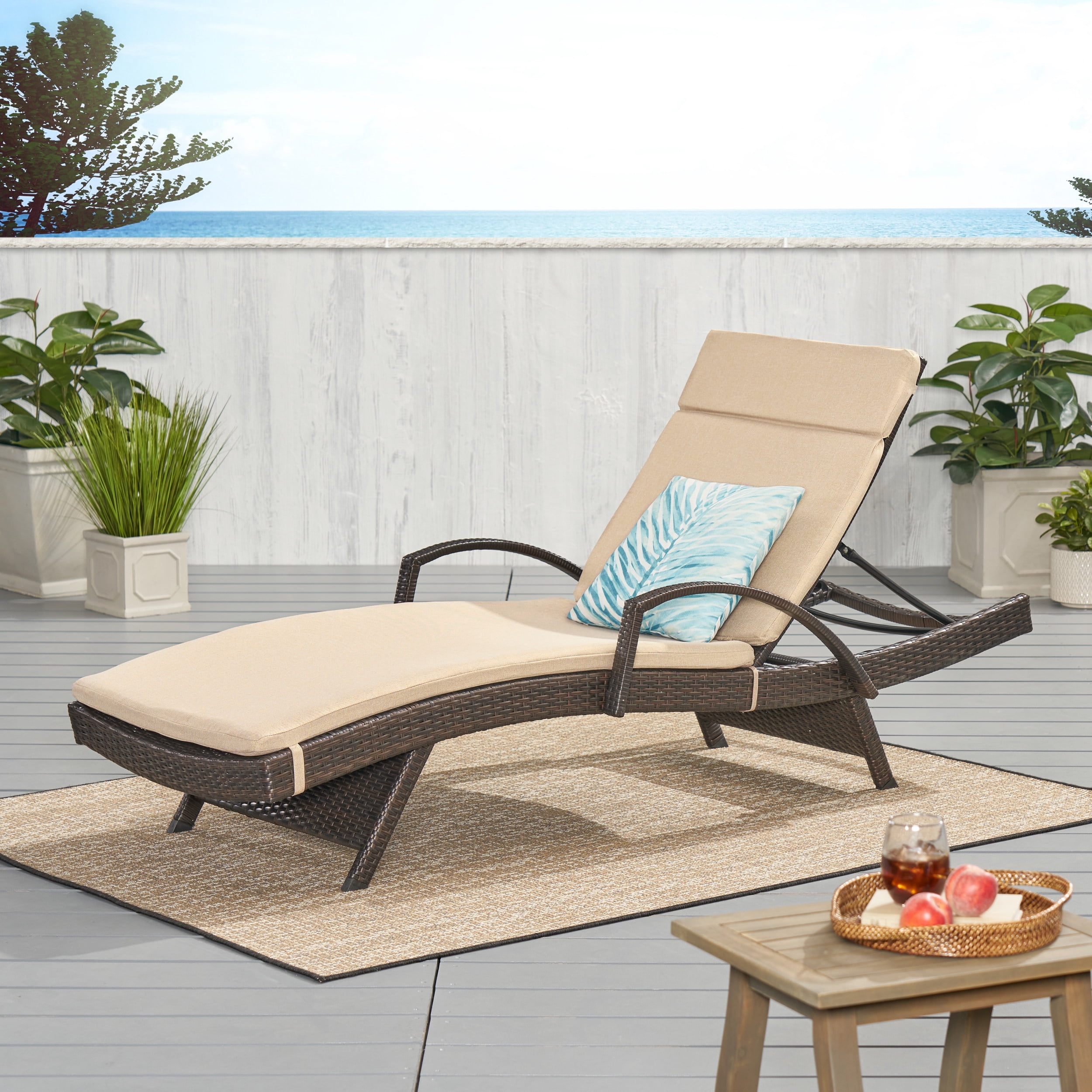 Anthony Outdoor Wicker Adjustable Chaise Lounge with Arms and Cushion, Multibrown, Textured Beige