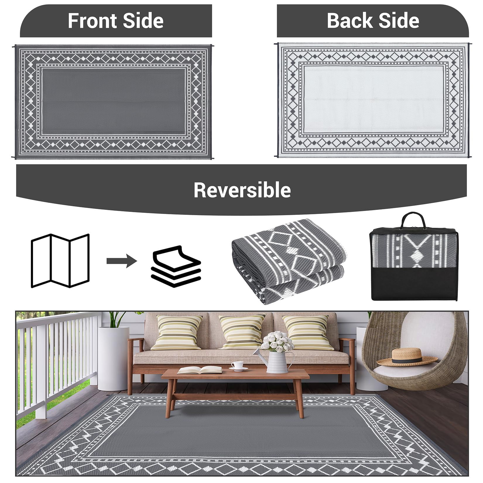 Outdoor Rug 8x10 Plastic Straw Rug Waterproof Patio Rug,Reversible Rug,Foldable Lightweight Outdoor Carpet with Storage Bag,4 Stakes,Outdoor Mat Reversible Camping Carpet Camping Mat for Deck,Garden