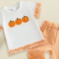thumbnail image 3 of HCNTES Baby Girl Clothes Baby Toddler Girl Halloween Outfits 6 12 18 24 Month 2T 3T 4T Cute Pumpkin Embroidery Short Sleeve Round Neck Tops and Plaid Lace Flared Pants Clothes Set, 3 of 4