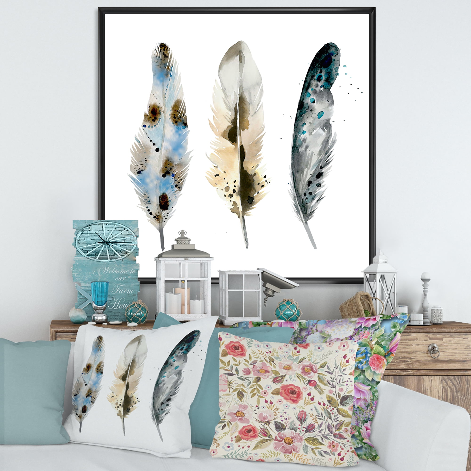 Designart 'Colourful Boho Art Feathers V' Bohemian & Eclectic Framed Canvas Wall Art Print