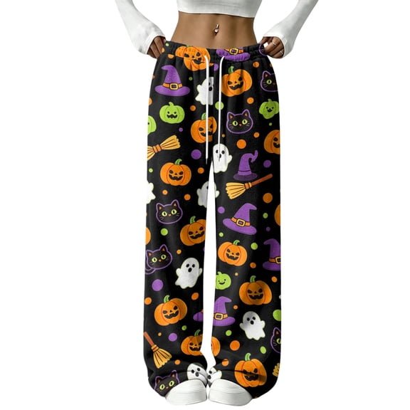 Trgacdwlo Halloween Pajama Pants Fuzzy Spooky Season Wide Leg Flannel Pajama Pants Women Elastic Waist Winter Cozy Warm Sleeping Pants Women