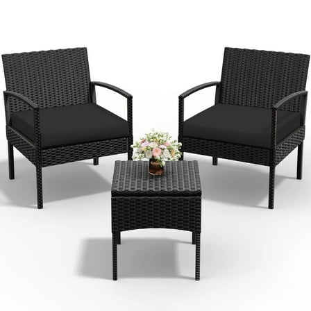 Tappio Outdoor Furniture 3 Piece Patio Bistro Furniture Set, Rattan Conversation Chairs Set with Side Table and Cushions, Patio Furniture Sets for Balcony Garden Porch, Black