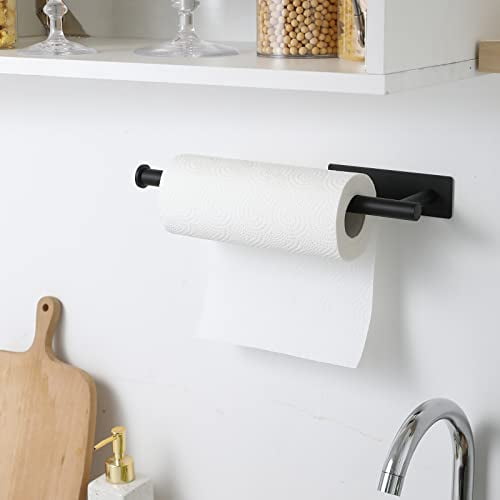 Under Cabinet Paper Towel Holder for Kitchen and Bathroom, Wall Mounted Adhesive Paper Towel Rack with Matte Black Finish, Made of Durable SUS304 Stainless Steel