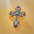thumbnail image 3 of Victorian Vintage Turquoise Accent Silver Metal Filigree Cross Brooch Pin Religious Jewelry, 3 of 8