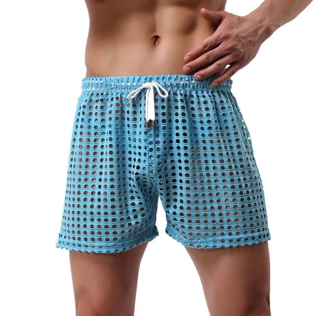 Xysaqa Fashion Men's Loose Mesh Hollow Openwork Shorts See-Through Underwear Boxer Shorts with Drawstring