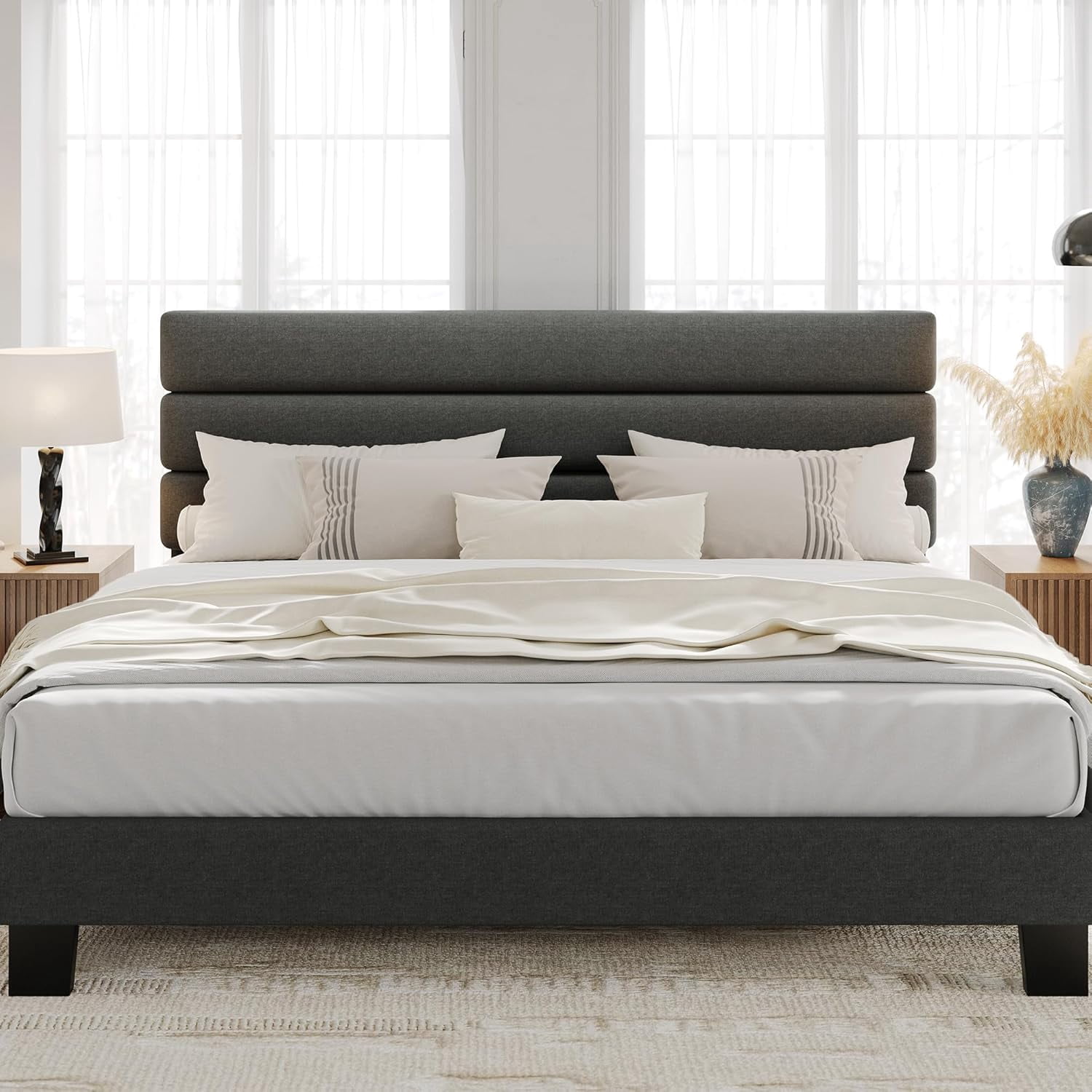 King Size Platform Bed Frame with Adjustable Linen Upholstered Headboard, Wooden Slat Support, Heavy-Duty Mattress Foundation, No Box Spring Needed, Easy Assembly, Black