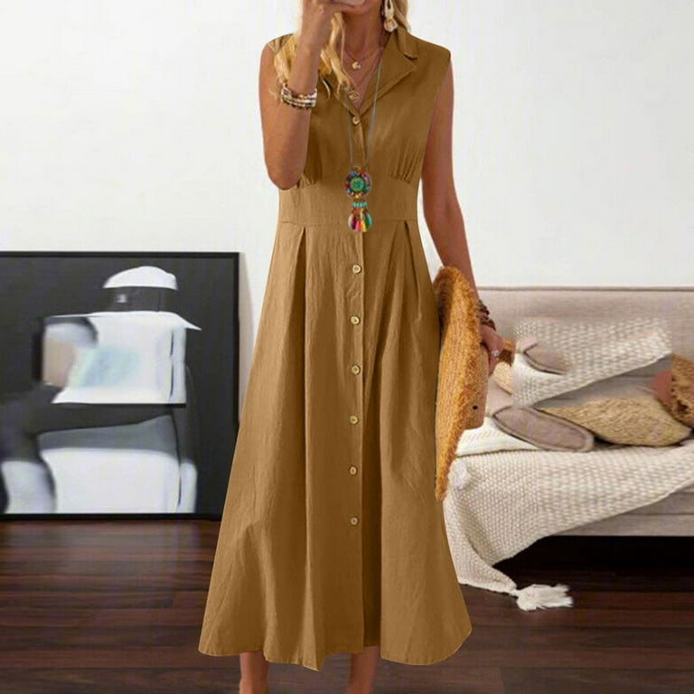 chinese dress ladies Marcella Chestnut Linen Smocked Midi Dress (M) – Momni Boutique main image 0
