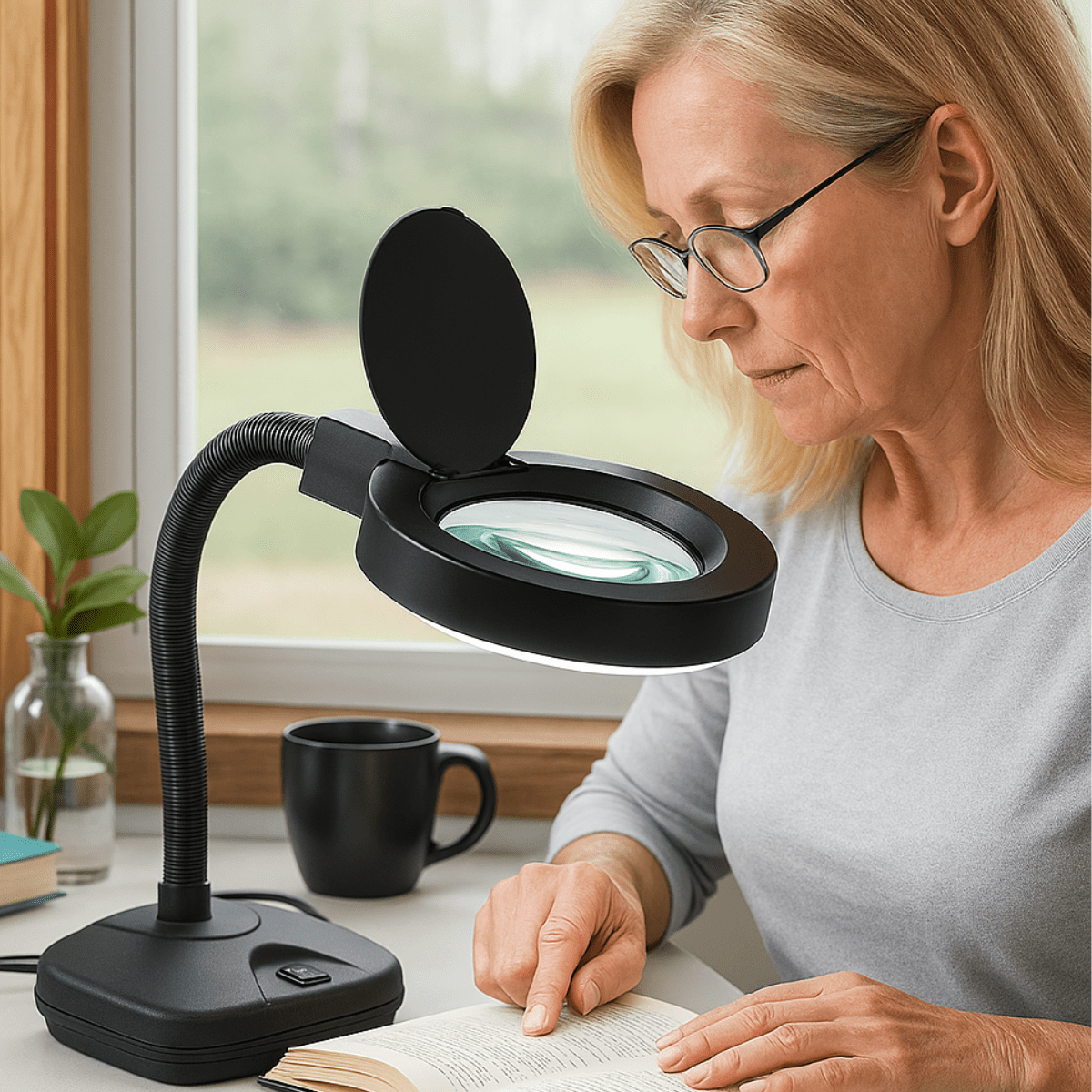 ELUCIDATE 3.5" (8.9 cm) Diameter | Black Plastic | LED Illuminated 110V | Bendable Gooseneck | 3X and 8X Magnification Lens | Ideal for Detailed Work | Space-Saving Design