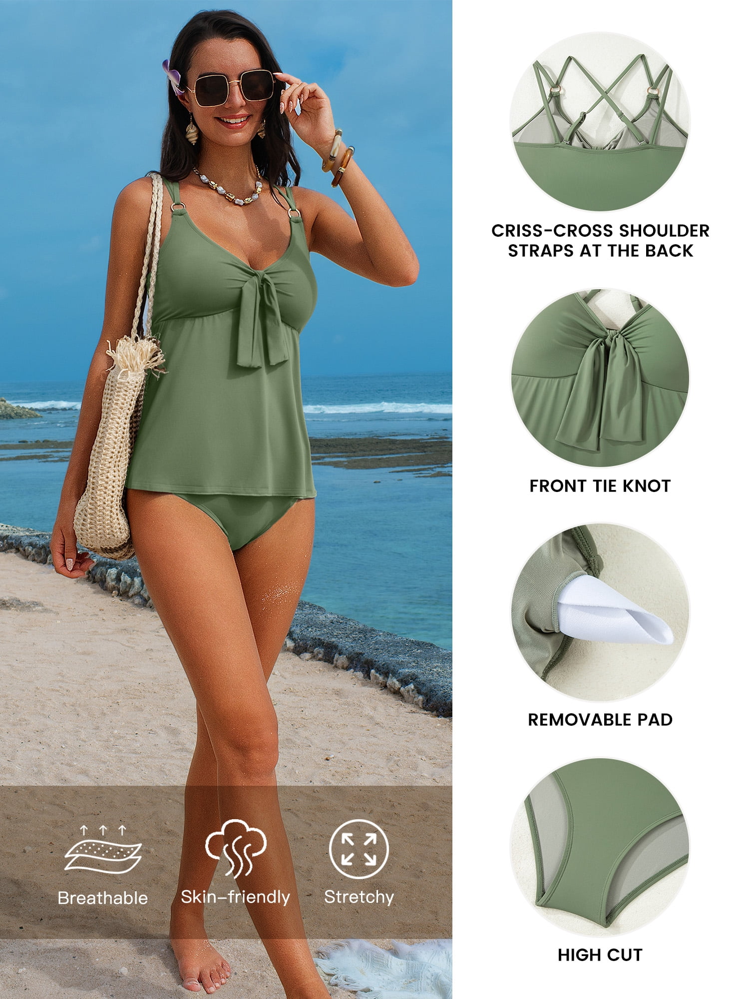 DOKOTOO Womens Tankini Bathing Suit Padded Swimsuits Criss Cross Swim Top with Bottom 2 Piece Tankini Set Flowy Green XXL US18-20
