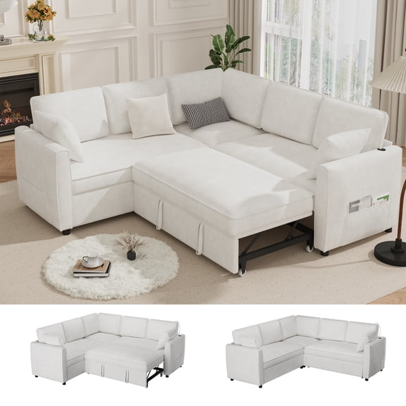 SOBREMESA 87" Convertible L-Shape Sectional Sofa, Pull-Out Bed and USB Charging Ports, Velvet Living Room Couch, Beige