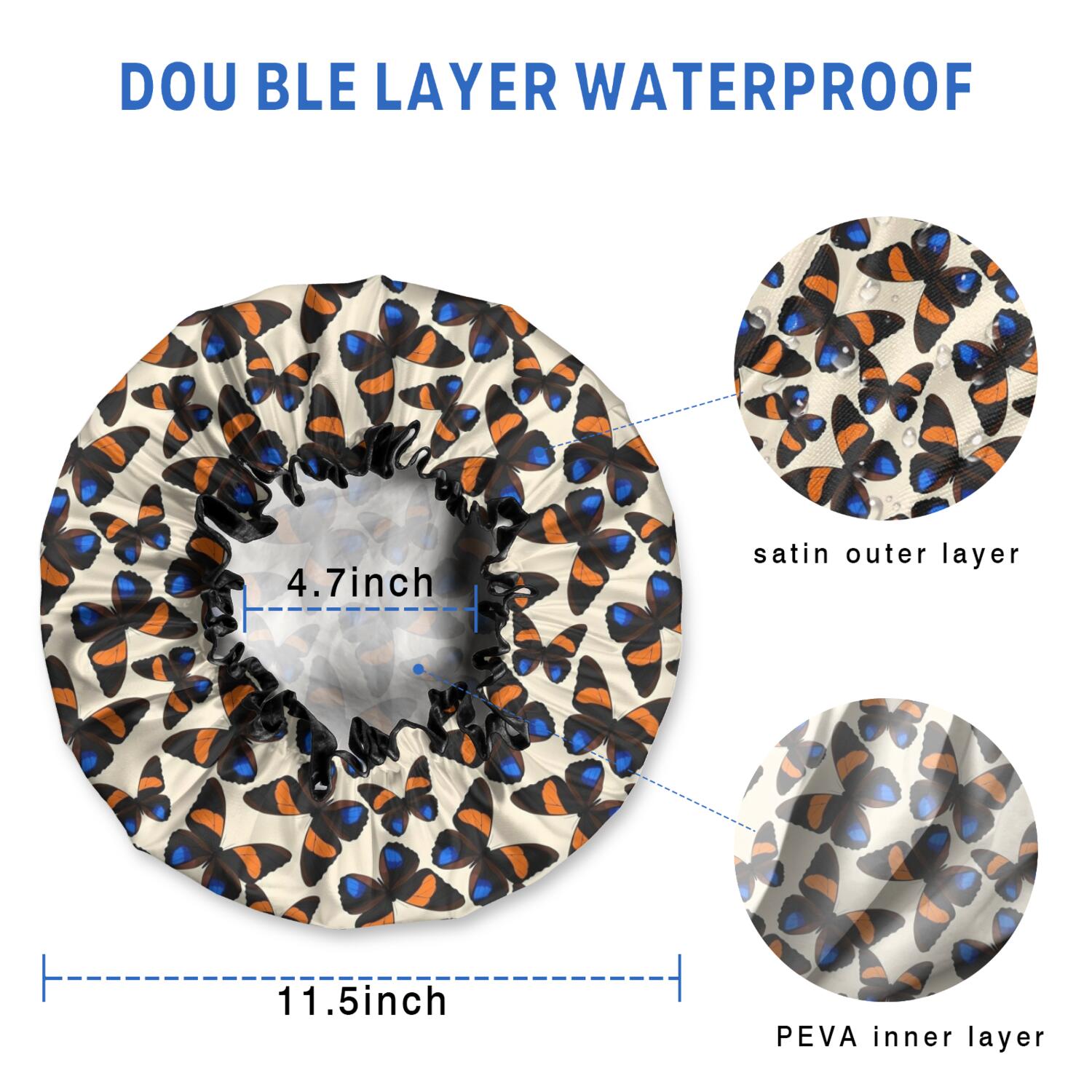 Shower Caps,Beige Butterfly Blue Orange Pattern Waterproof Shower Cap for Women 4 Pieces,Double Reusable Hair Cover for Shower PEVA Elastic Stretch Hem