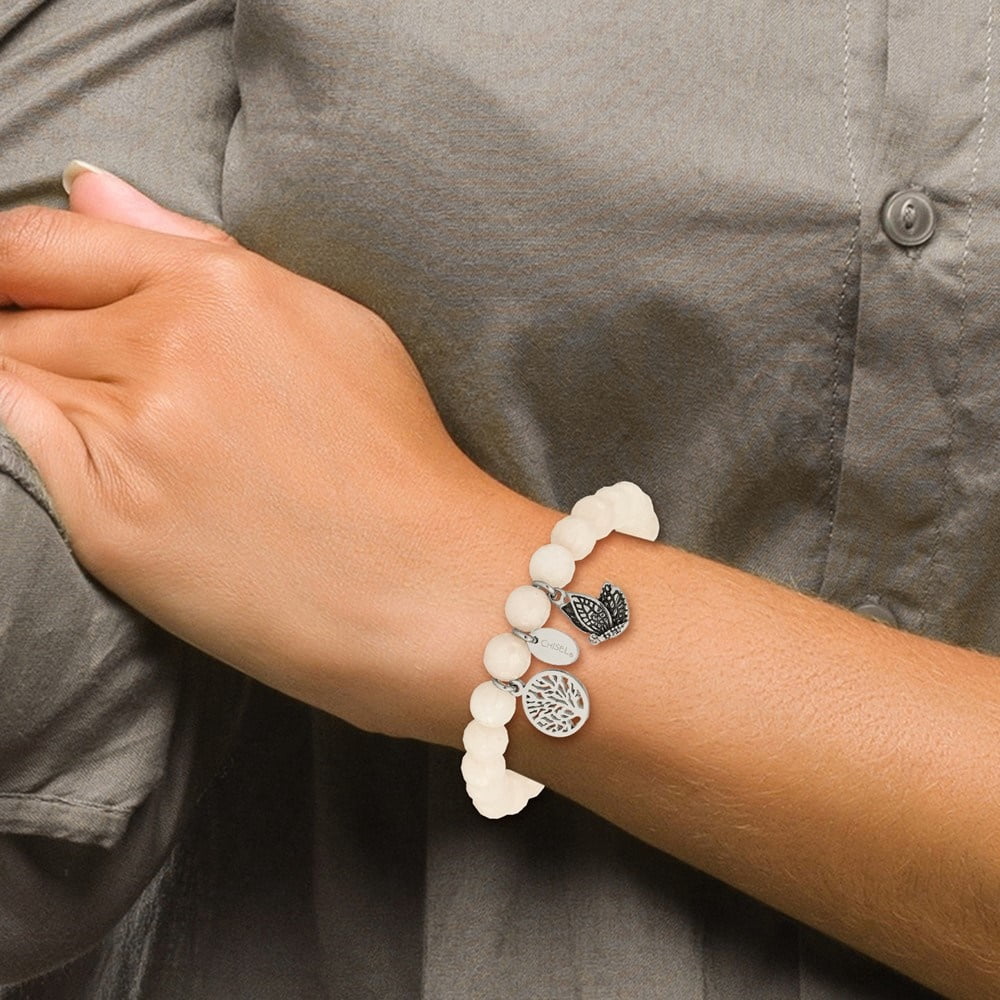 Diamond2Deal Stainless Steel Butterfly and Tree of Life 8mm White Jade Beaded Stretch Bracelet for Women 6.25"