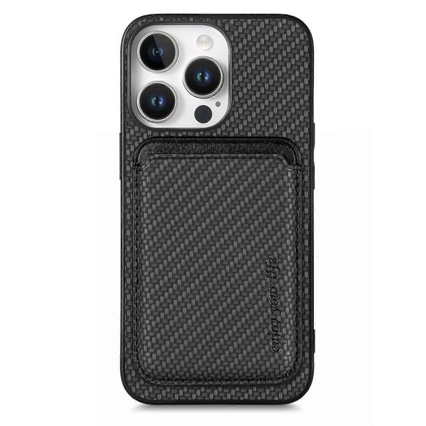 For iPhone 16 Pro Case Carbon Fiber Leather Back Cover with Detachable Card Bag - Black