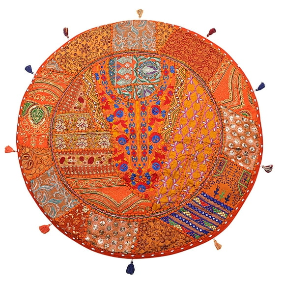 Stylo Culture Ethnic Floor Cushion Seating Vintage Patchwork Pillow Cover Orange 32x32 Large Decorative Bohemian Round Hassock Pouffe Cover Footstool Cotton Embroidered 1 Pc