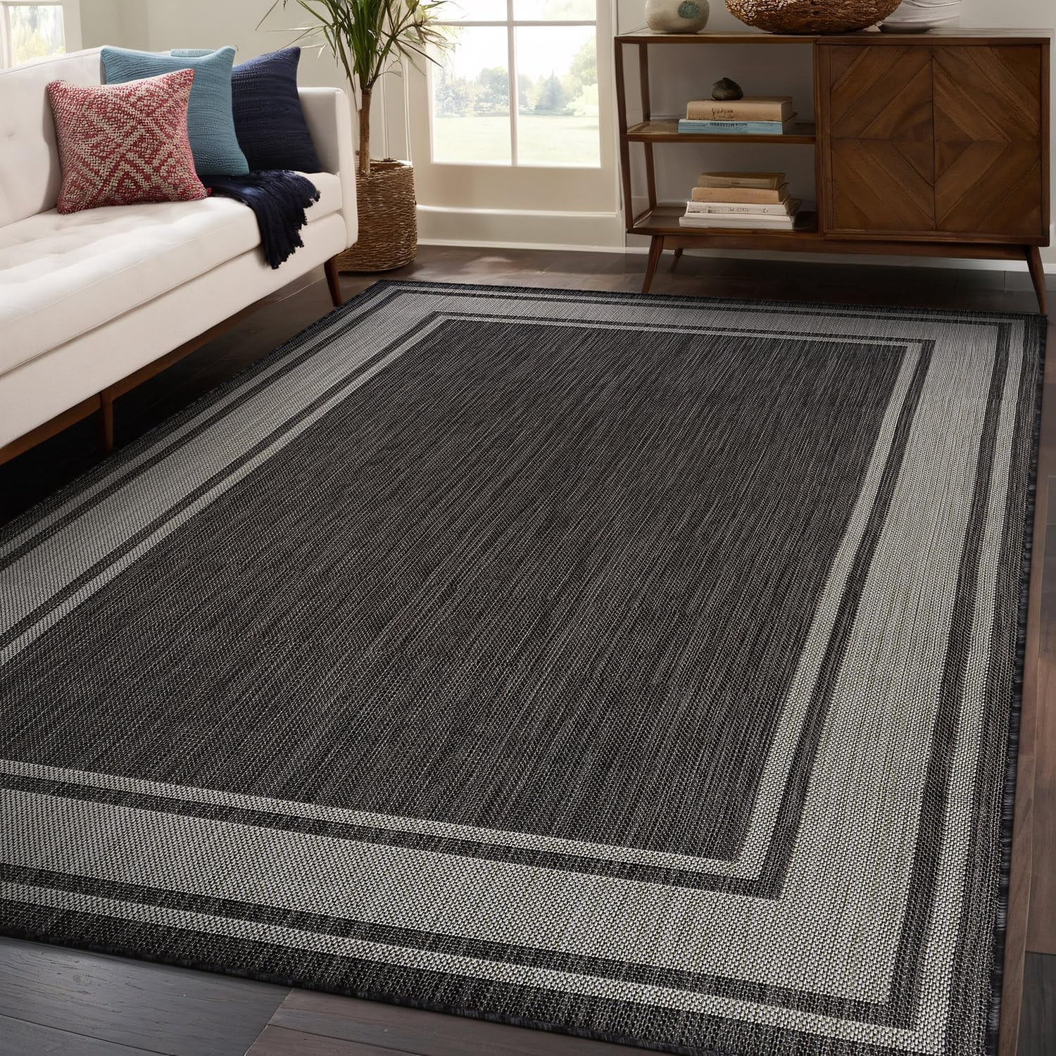 Beverly Rug Floral Bordered Washable Outdoor Indoor Area Rugs 9x12 Dark Gray