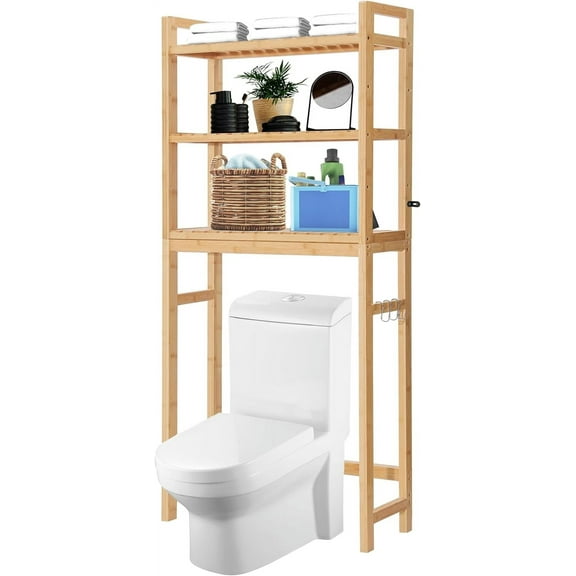 Over The Toilet Storage Cabinet, Bamboo Adjustable 3-Tier Above Toilet Shelf, Stable Freestanding Above Toilet Organizer with 3 Hooks for Bathroom Restroom Laundry Balcony, Natural 67" H
