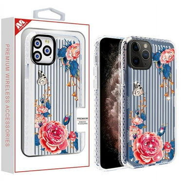 Apple iPhone 11 PRO MAX Phone Case Clear Bling Diamonds Rhinestone with Flowers Floral Printed Hybrid Rigid Back Plate TPU Cover Shockproof Protective Grip [Peach Rose] for iPhone 11 Pro Max
