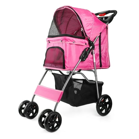 Folding Pet Stroller, Rain Cover, Cup Holder, Mesh Window, Pink