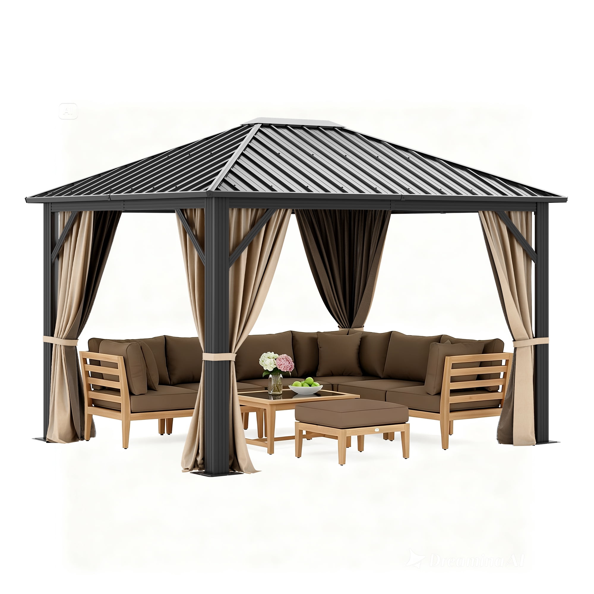 Dextrus 10x12ft Hardtop Gazebo with Nettings and Curtains, Heavy Duty Galvanized Steel Outdoor Vertical Stripes Roof for Patio, Backyard, Deck, Lawns, Brown
