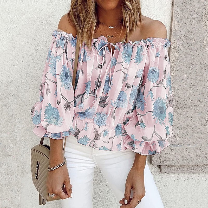 Women's Long Sleeve Off Shoulder Top Floral Print Top Causal Lace 