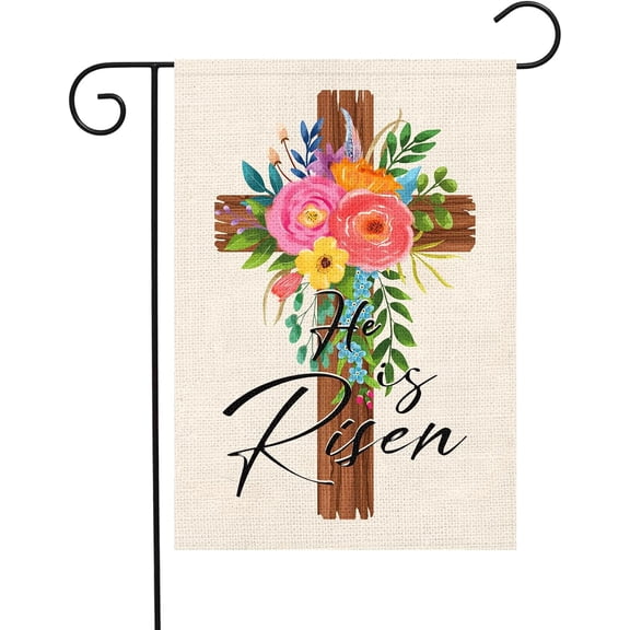 Easter Jesus Religious Garden Flag He Is Risen Easter Cross Spring Yard Flags 12.5x18 Double Sided Burlap Christian Nativity Banner for Easter Spring Outdoor Decoration(ONLY FLAG)