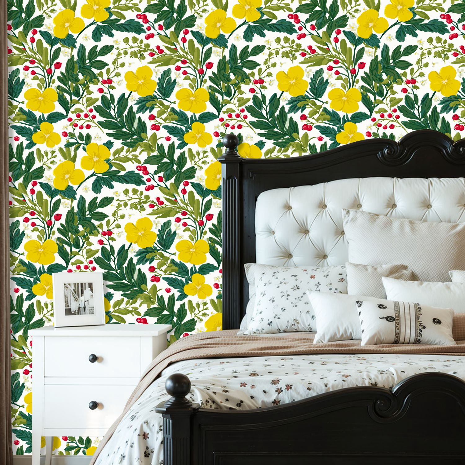 Peel and Stick Wallpaper Bright Yellow Floral Green Leaves Red Berries White Wall Mural 23.6in x 9.8ft Self Adhesive Removable Wall Paper Renter Friendly Wallpaper for Bedroom Nursery Living Room