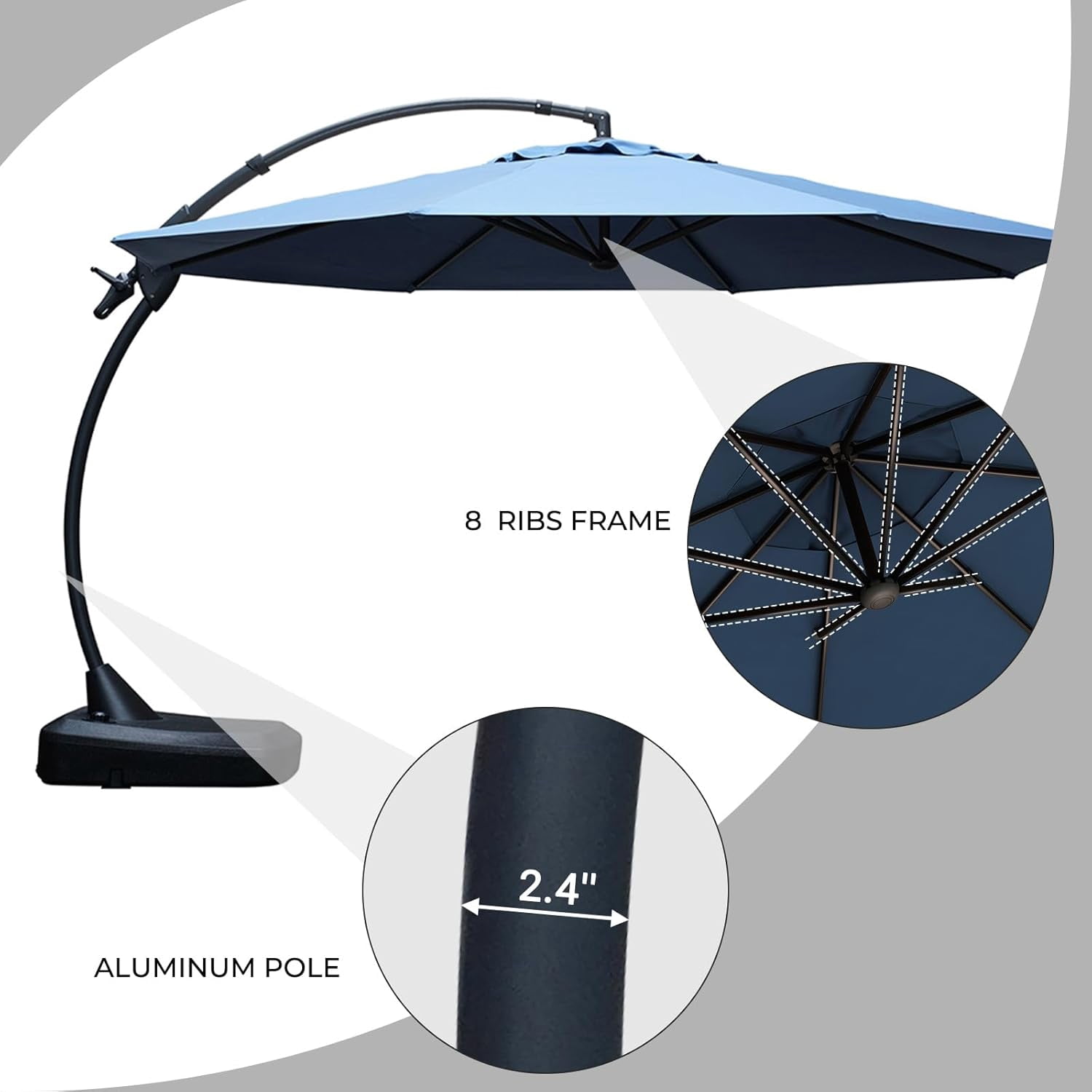 GRANDPATIO Napoli SUNBRELLA 12Ft Round Canteliver Patio Umbrella with Base, Canvas Sapphire Blue