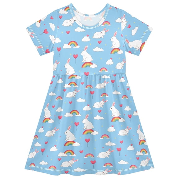 joogoo Cute Rabbit on Rainbow Girls' Short Sleeve Dress Kids Dresses 5-6T