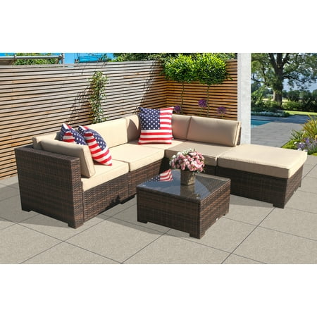 Backyard Pool And Patio Ideas Patio Outdoor Furniture Sectional Sofa Set (6-Piece Set) All-Weather Brown Wicker with Beige Seat Cushions &Glass Coffee Table| Patio, Backyard, Pool| Steel Frame ()