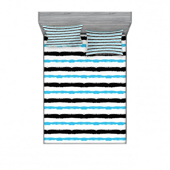 Ambesonne Abstract Fitted Sheet & Pillow Sham Set, Color Bands Stripes, Full, Aqua Black White