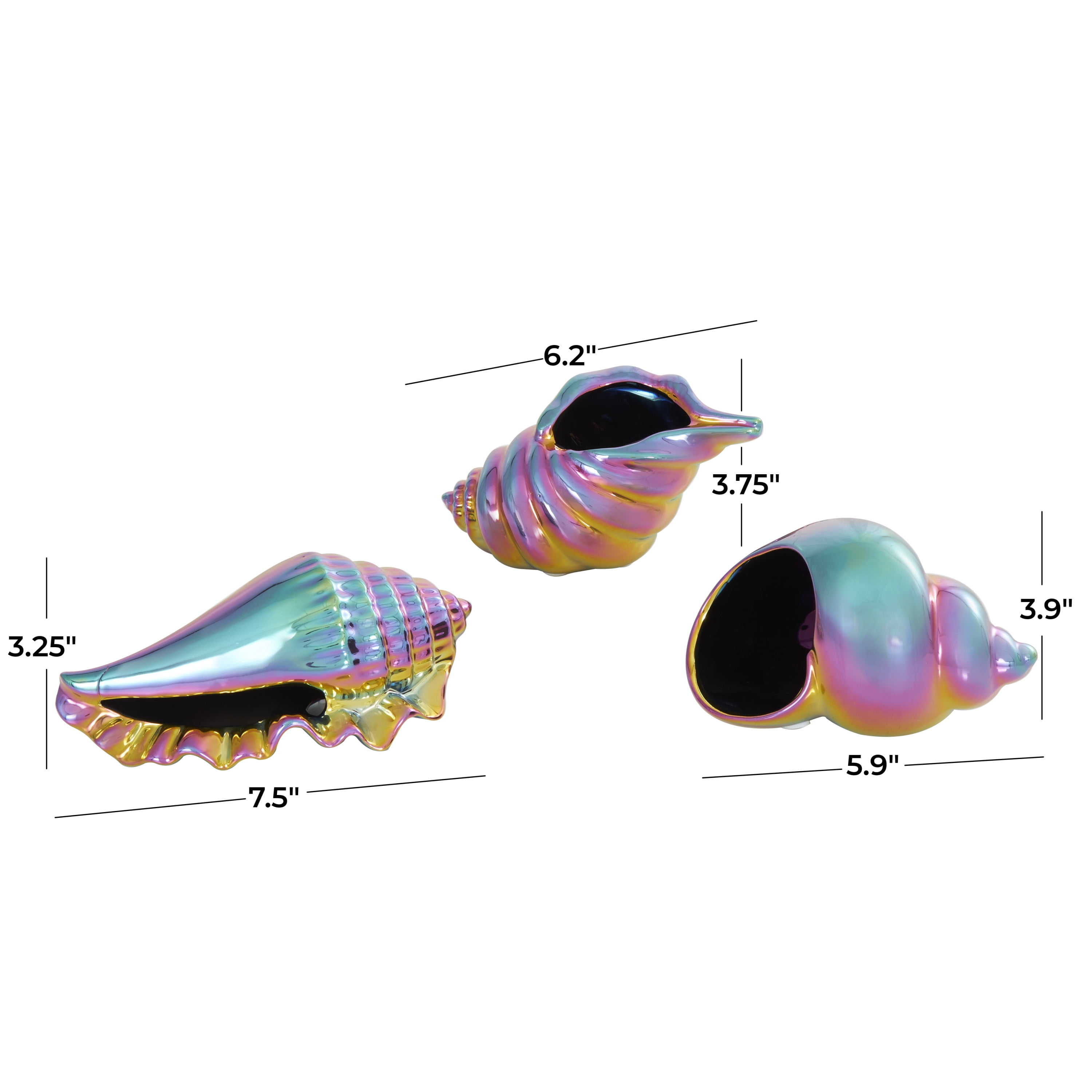 6", 6", 8"W Multi Colored Ceramic Shell Sculpture with Rainbow Shimmer Finish, by DecMode (3 Count)