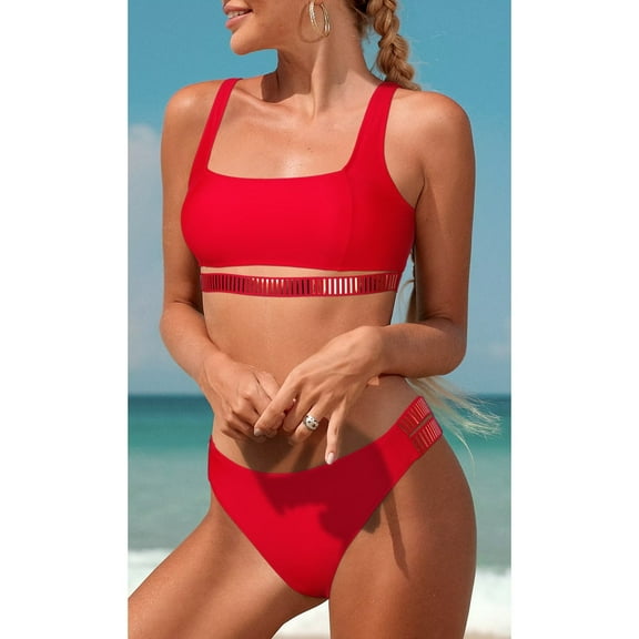 Sociala Bikini Set for Women Two Piece Swimsuits Mid Waisted Adjustable Wide Straps Belt Backless