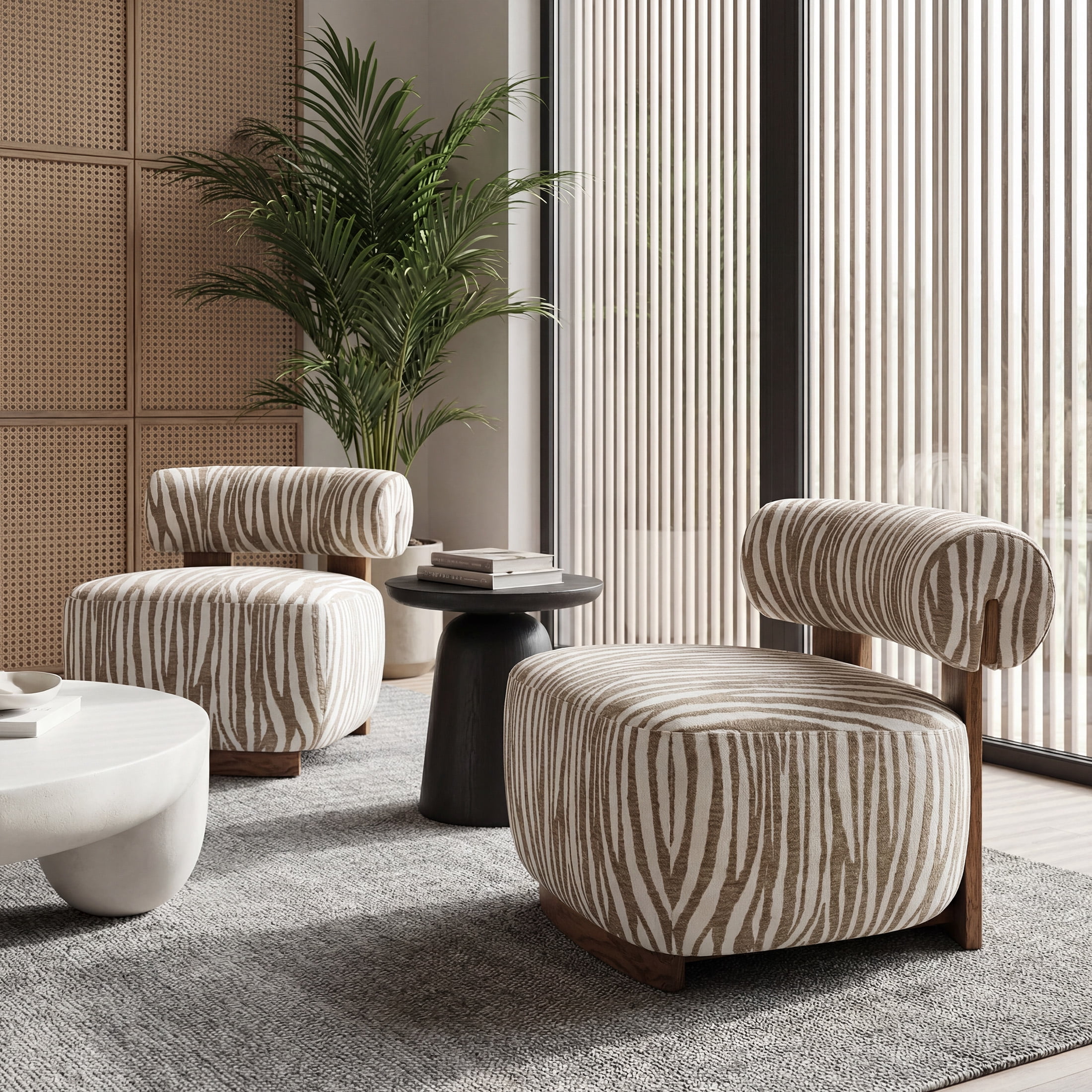 Aukfa Modern Chenille Accent Chair with Zebra-Stripe, Cylindrical Backrest for Living Room, Beige